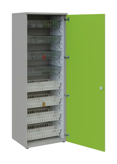 EUROMEDICA D - 66/M skříň léková boxová, 1-dveřová, pravá, 1950x660x535, korpus šedý, dvířka jarní zeleň